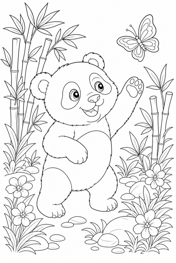 Playful panda cub reaching for a butterfly printable coloring page