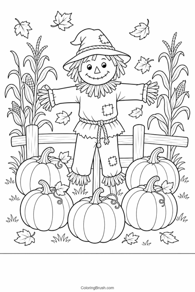 Pumpkin Patch With Scarecrow printable pumpkin coloring page