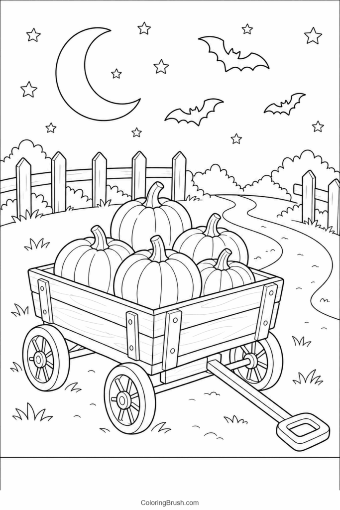 Pumpkin Wagon On Halloween Night printable pumpkin coloring page