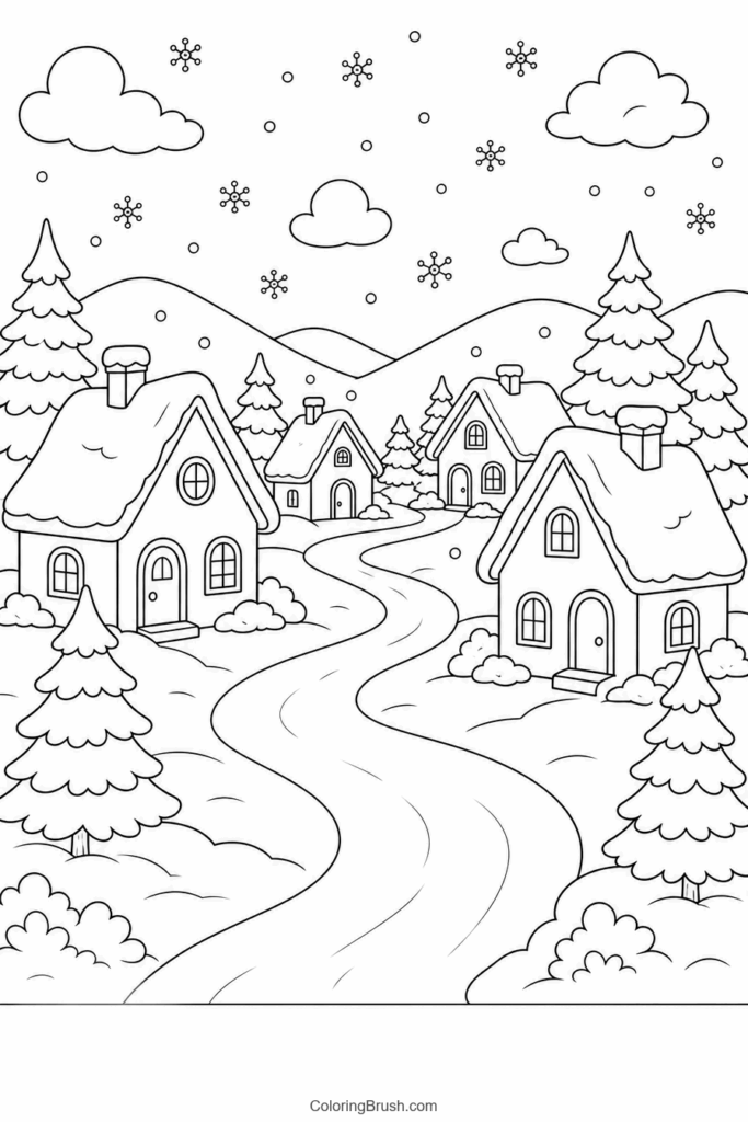 Quiet Snowy Winter Village printable winter coloring page