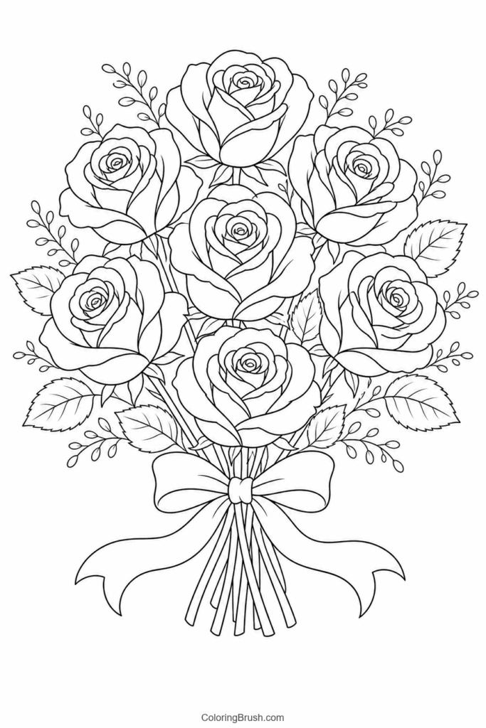 Rose Bouquet With Ribbon printable rose coloring page