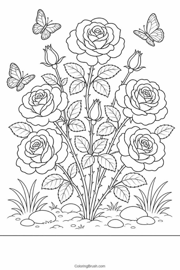 Rose Bush With Butterflies printable rose coloring page