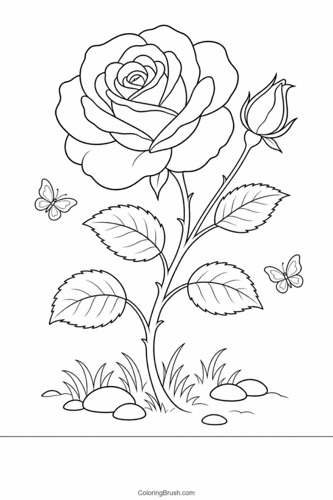 Single Rose Bloom With Leaves printable rose coloring page