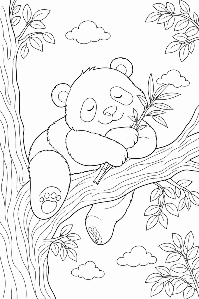 Sleeping panda hugging bamboo on a tree branch printable coloring page