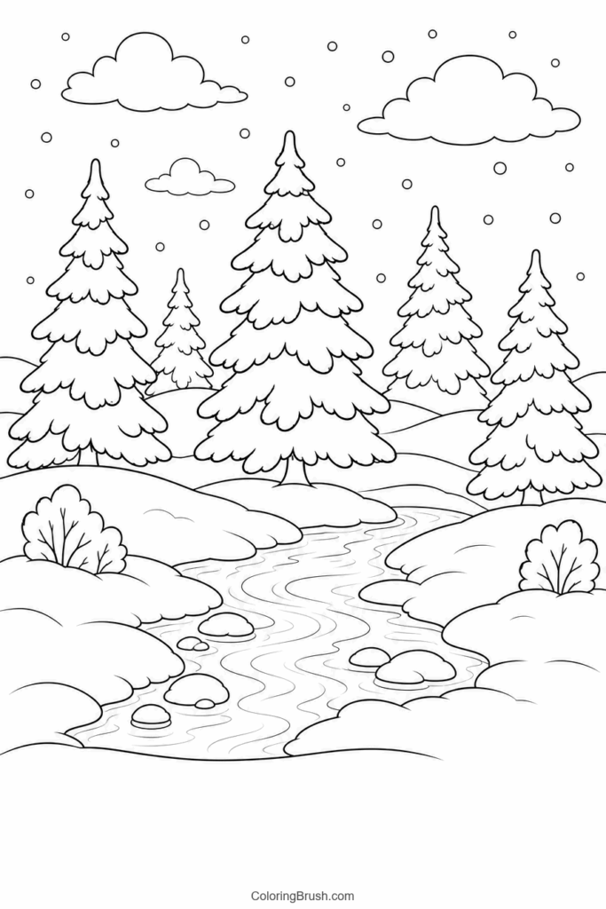 Snow Covered Pine Forest printable snow coloring page