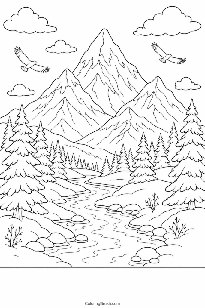 Snowy Mountain Landscape printable snow coloring page