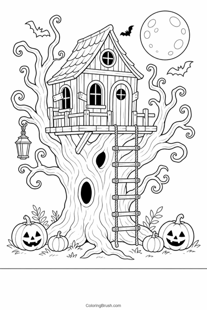 Spooky Haunted Treehouse printable haunted house coloring page
