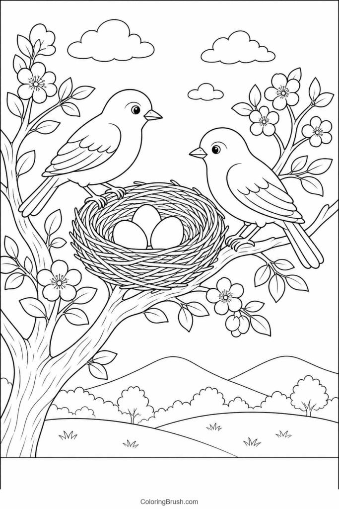 Spring Bird Nest In Blossoming Tree printable spring coloring page