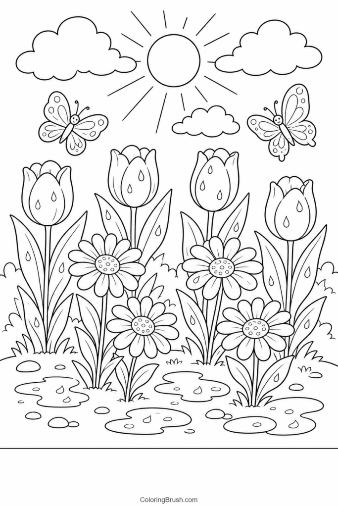 Spring Flower Garden After Rain printable spring coloring page
