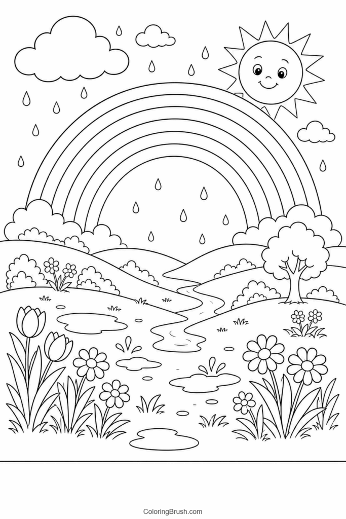 Spring Rainbow And Rain Shower printable spring coloring page