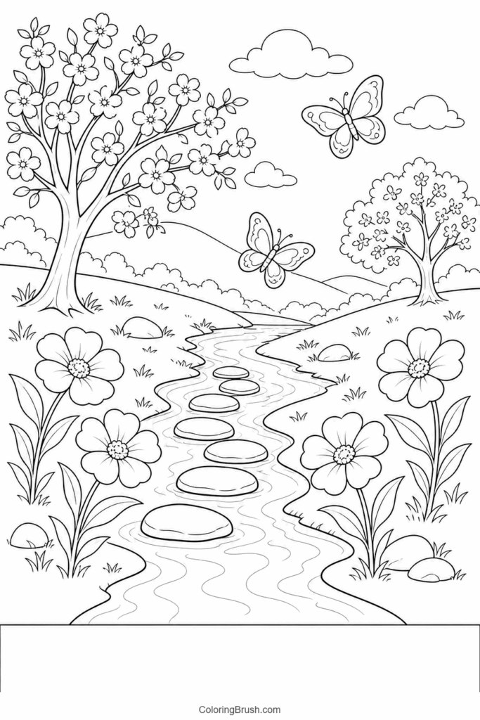 Spring Stream And Wildflowers printable spring coloring page