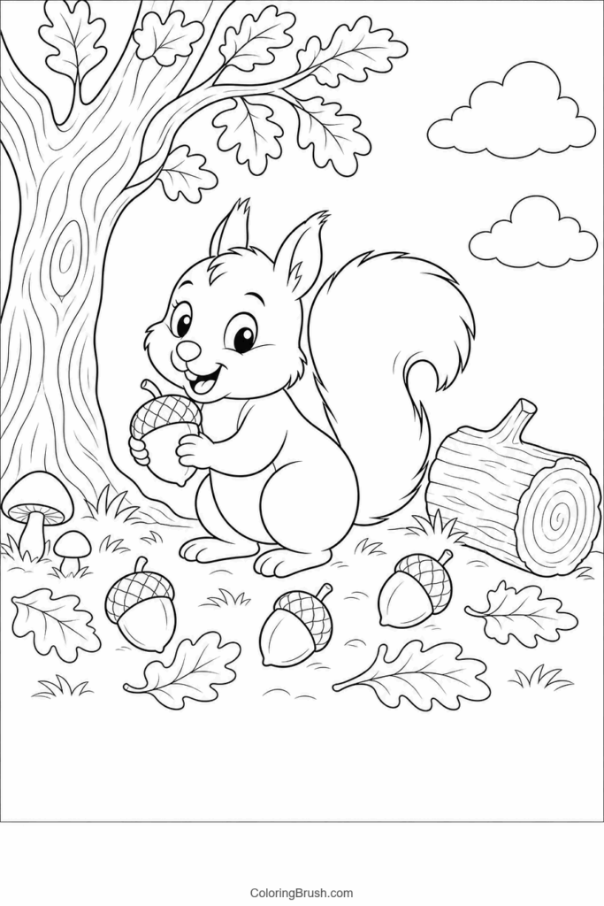 Squirrel Gathering Acorns printable autumn coloring page