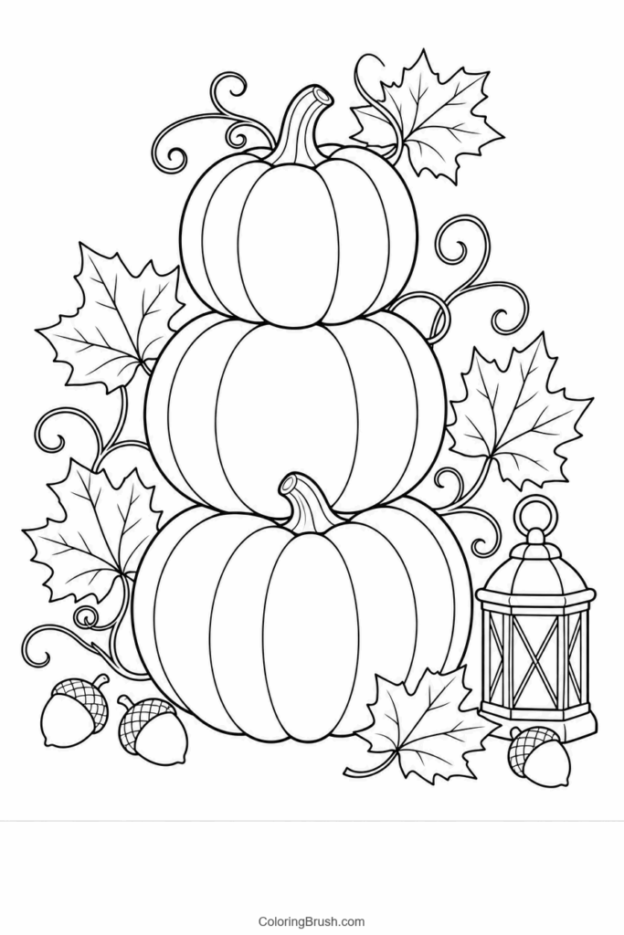 Stacked Pumpkins And Autumn Leaves printable pumpkin coloring page