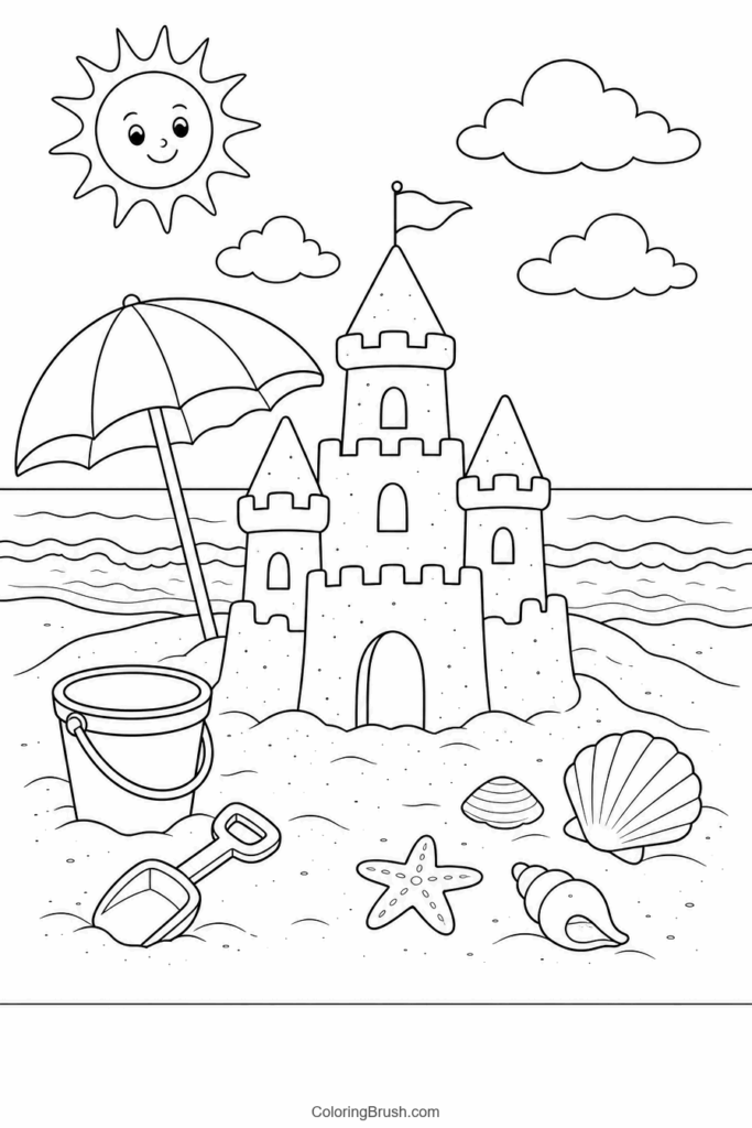 Summer Beach And Sandcastle printable summer coloring page