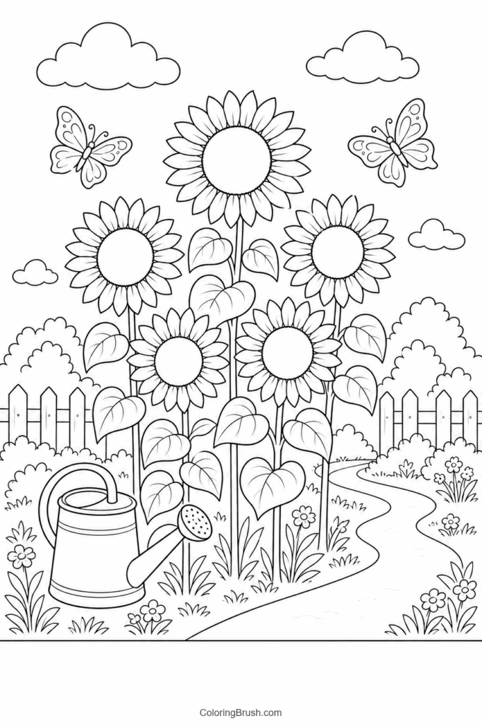 Summer Garden With Sunflowers printable summer coloring page