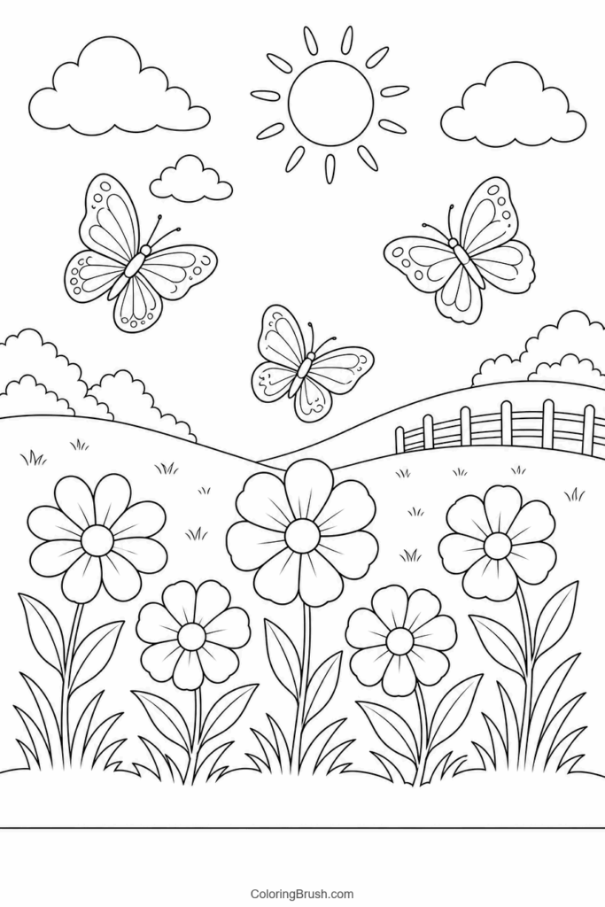 Summer Meadow With Butterflies printable summer coloring page