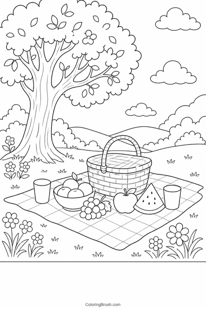 Summer Picnic In The Park printable summer coloring page
