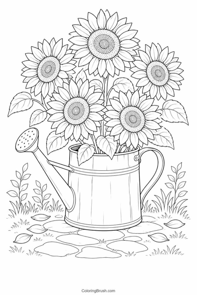 Sunflower Bouquet In Watering Can printable sunflower coloring page