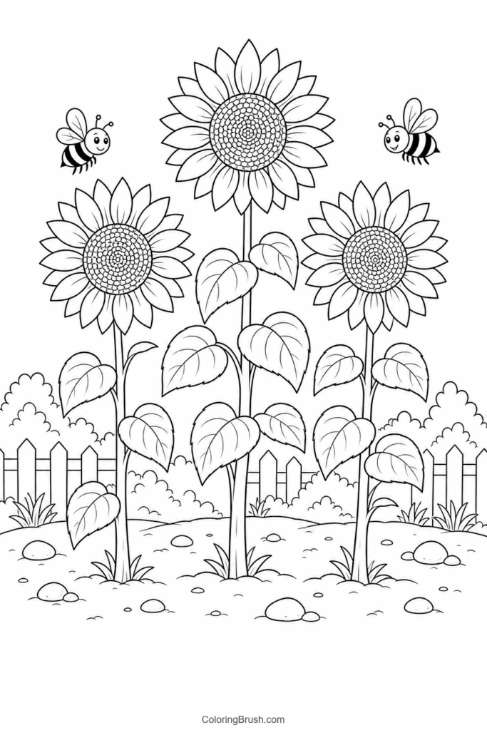 Three Sunflowers With Bees printable sunflower coloring page