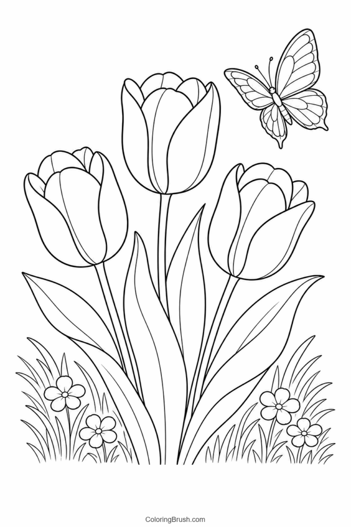 Three Tulips And Butterfly printable tulip coloring page