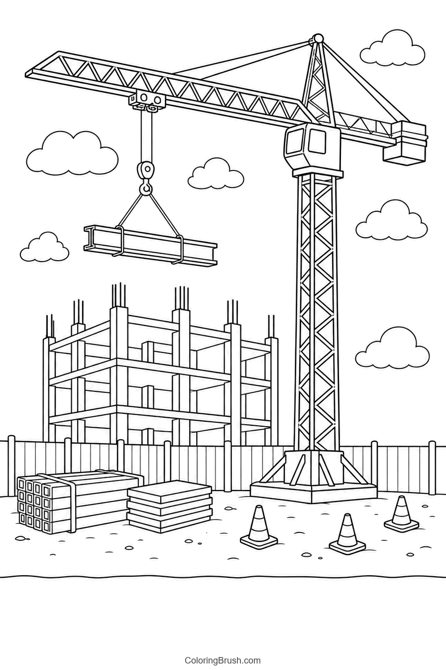 Tower Crane Building Site printable construction vehicle coloring page