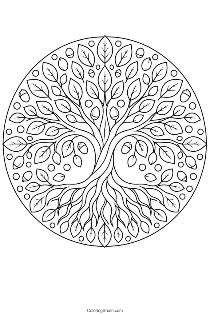 Tree And Leaves Nature Mandala printable nature mandala coloring page