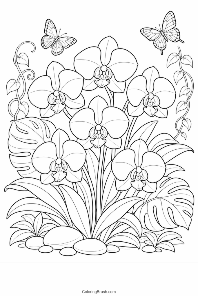 Tropical Orchids With Leaves printable orchid coloring page