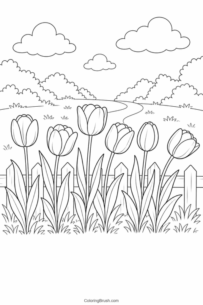 Tulip Garden By Fence printable tulip coloring page