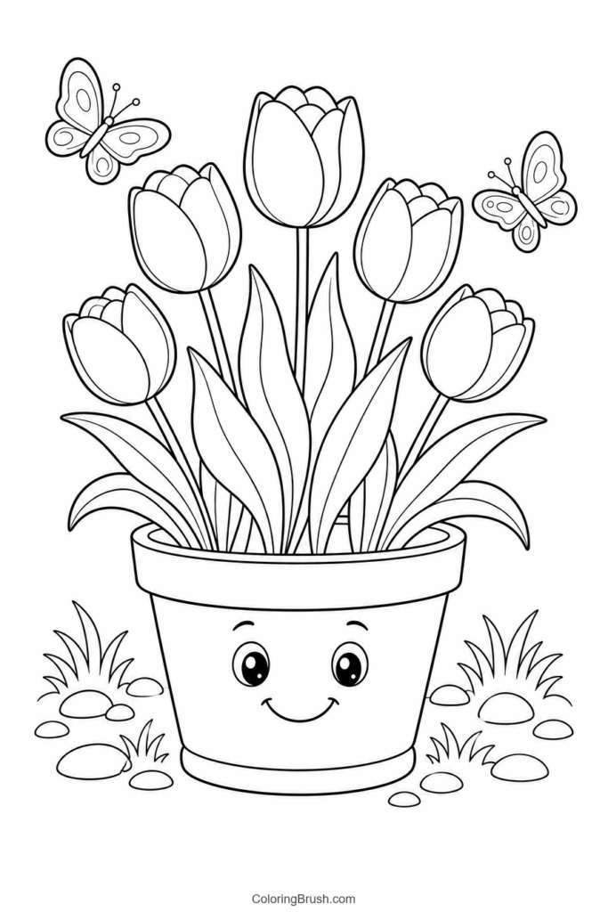 Tulips Growing In Flower Pot printable tulip coloring page