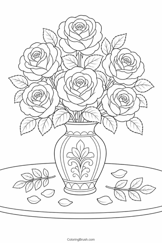 Vase Of Roses printable rose coloring page