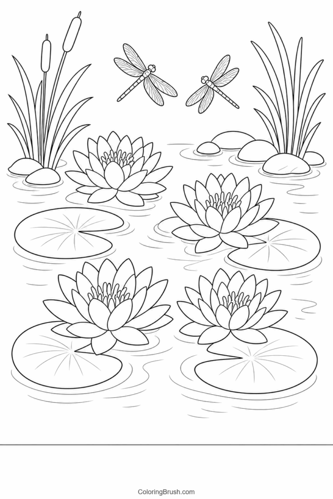 Water Lilies On Pond printable lily coloring page
