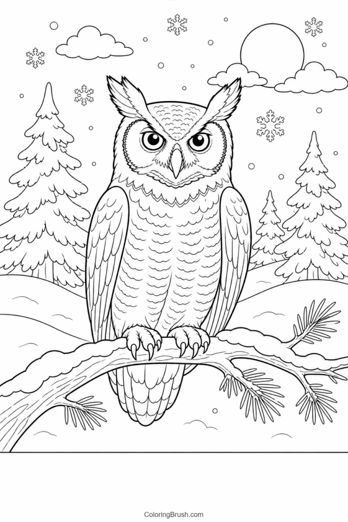 Winter Owl On Snowy Branch printable winter coloring page