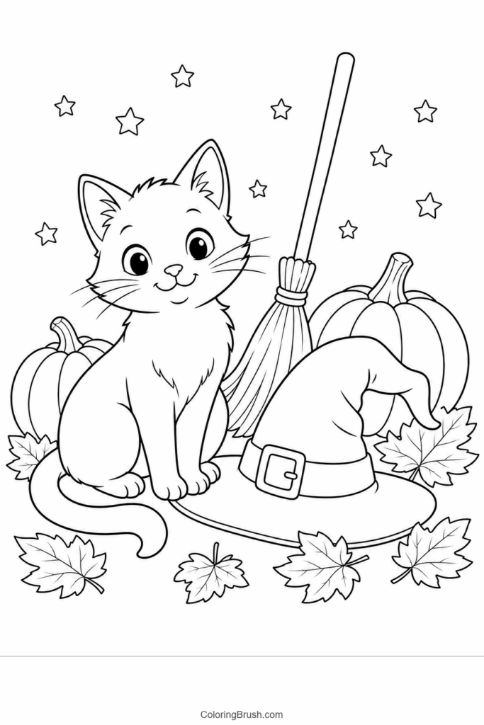 Witch Hat With Black Cat printable witch coloring page