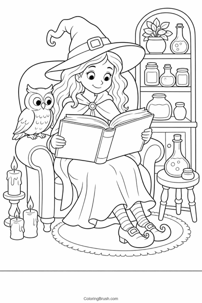 Witch Reading Blank Spellbook printable witch coloring page