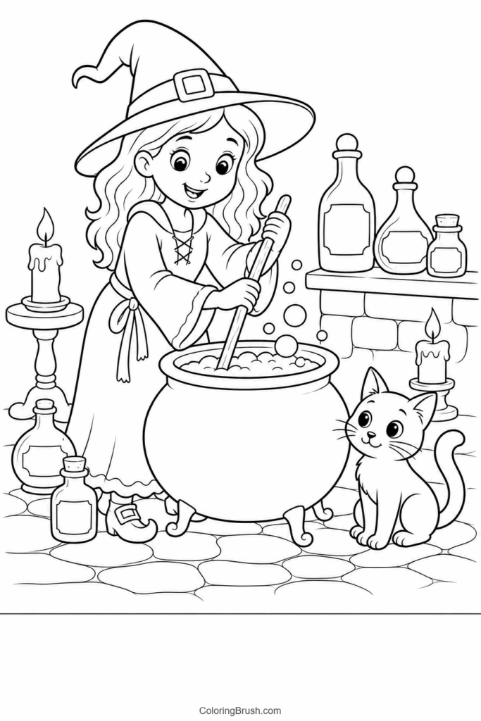 Witch Stirring Bubbling Cauldron printable witch coloring page