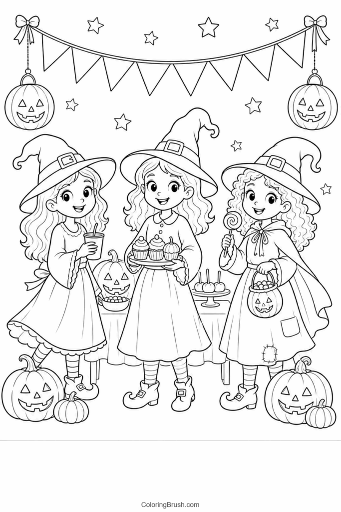 Witches Halloween Party printable witch coloring page