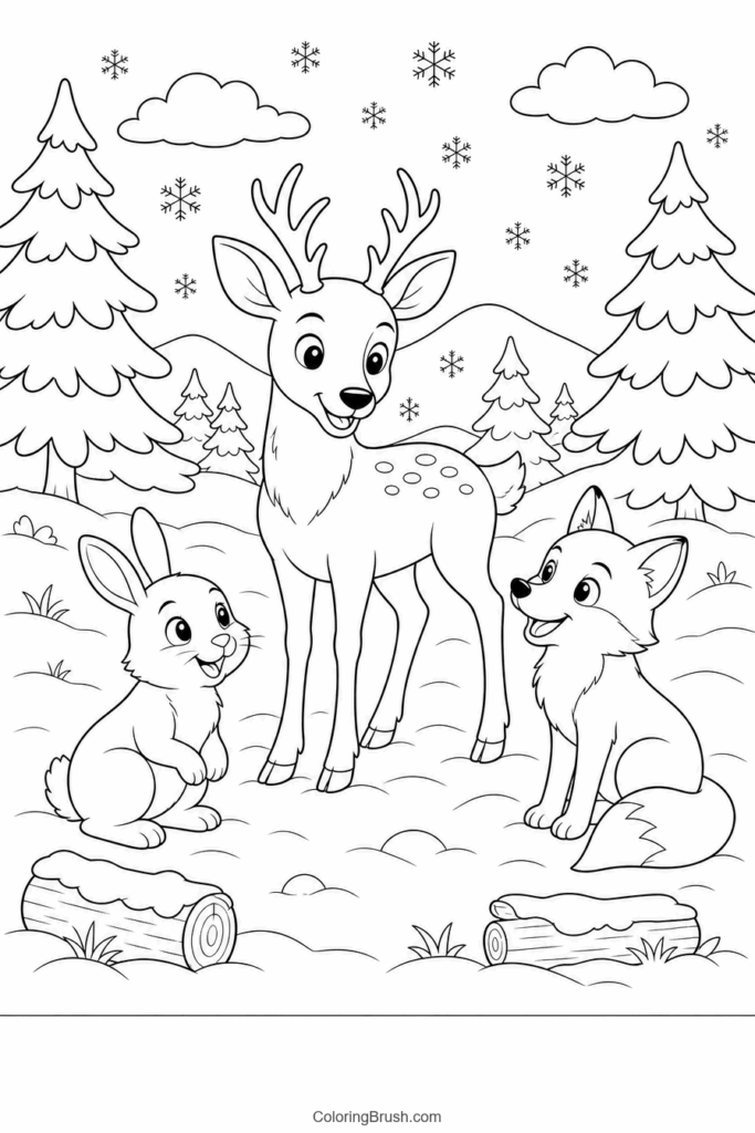 Woodland Animals In The Snow printable snow coloring page