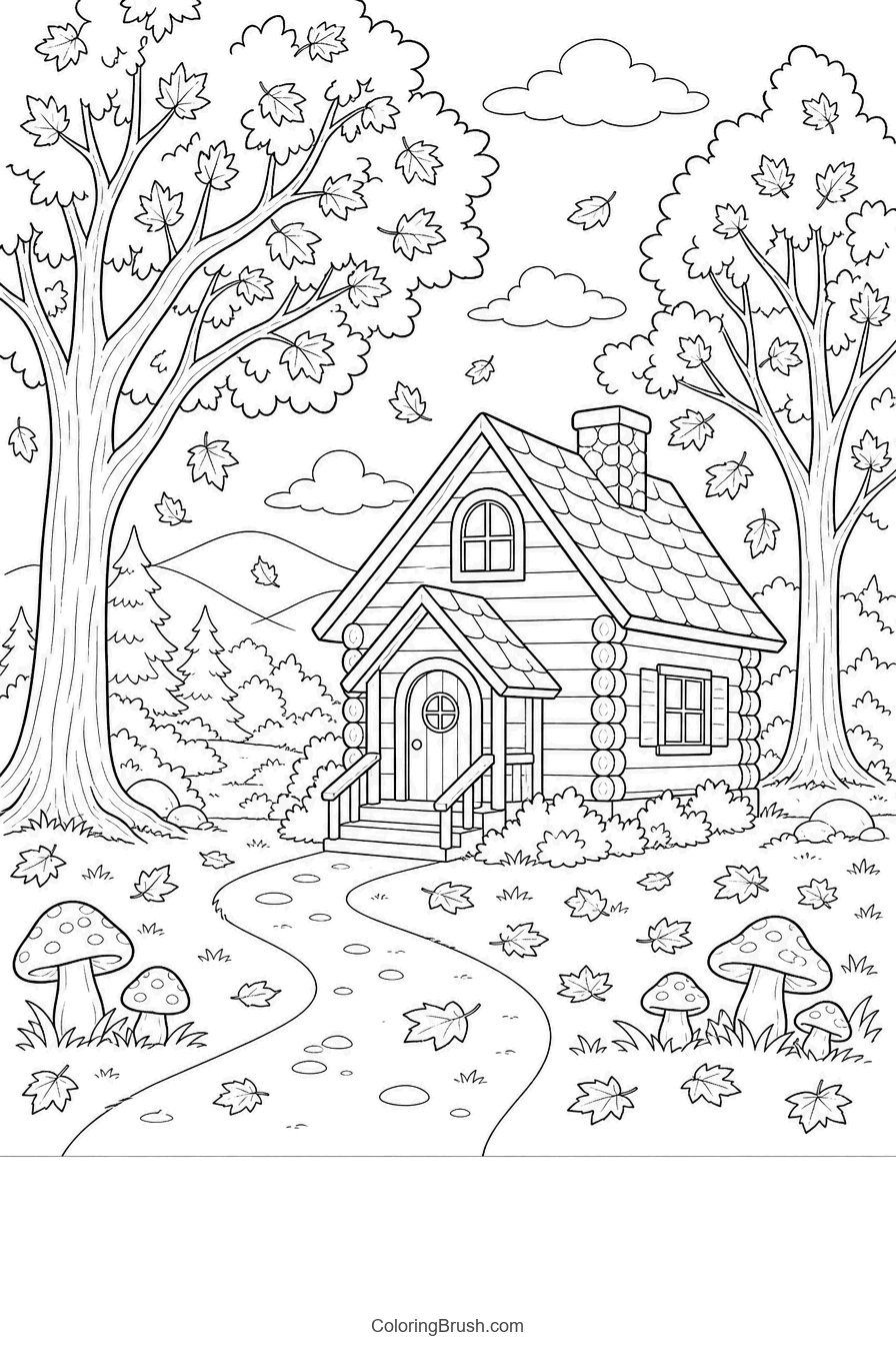 Woodland Cabin In Autumn printable autumn coloring page